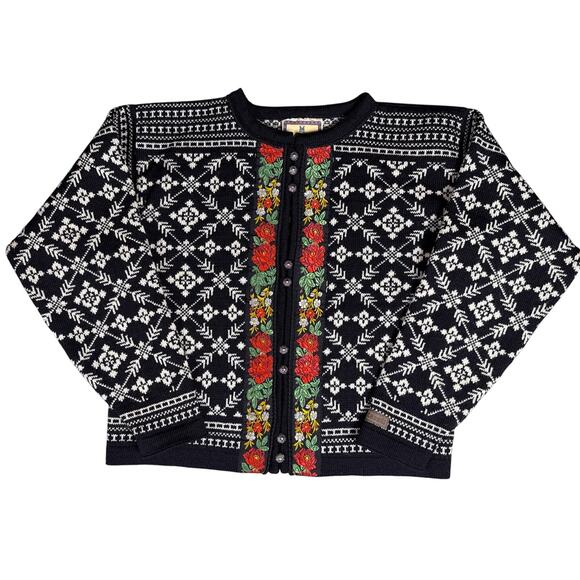 Dale of Norway Cardigan Knit Sweater Womens Small Wool Button Up Checkered Roses - Picture 3 of 12